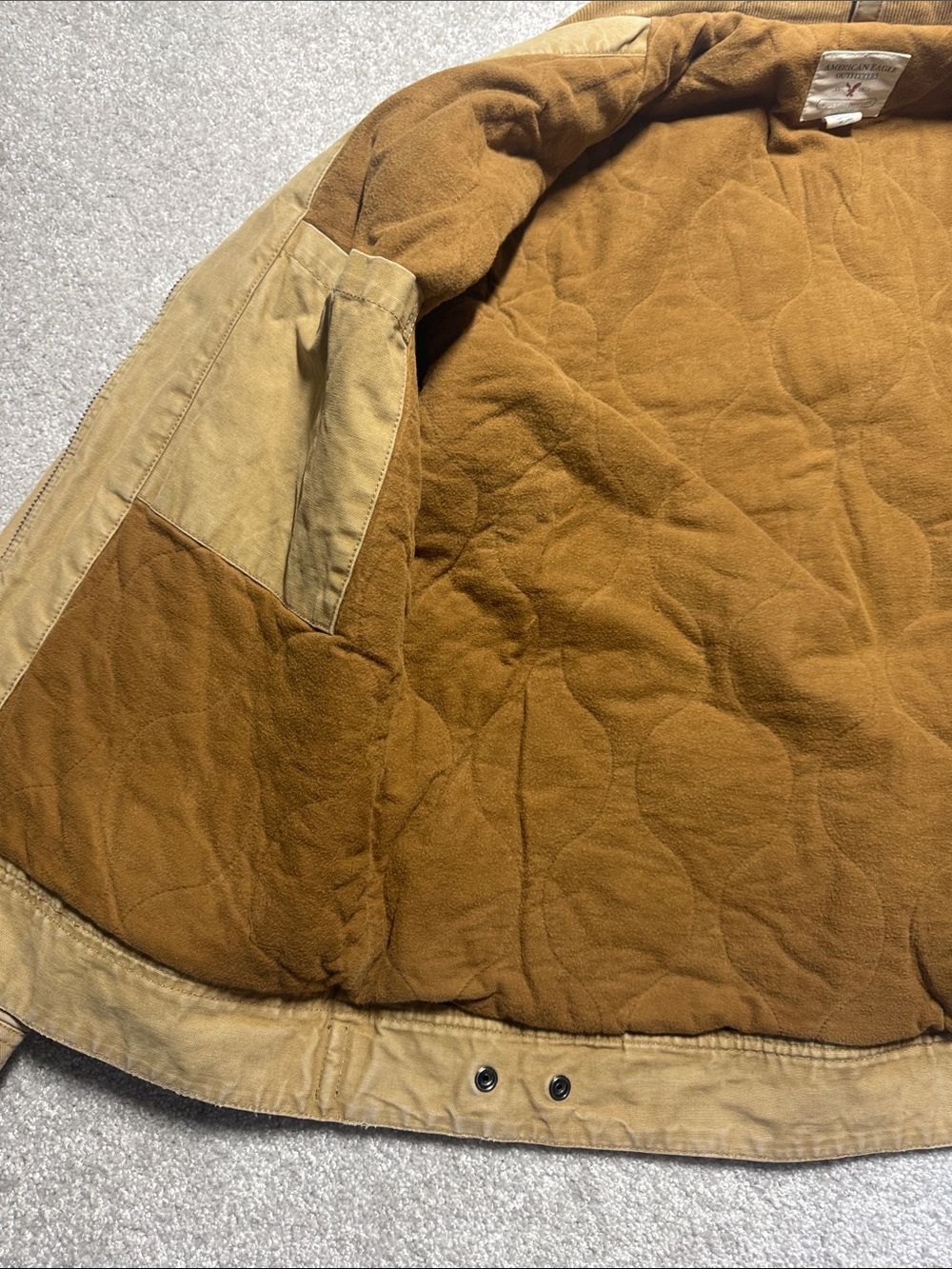 AMERICAN EAGLE MENS XL KHAKI CANVAS CHORE FIELD JACKET COAT CORDUROY COLLAR WORK - Picture 9 of 17